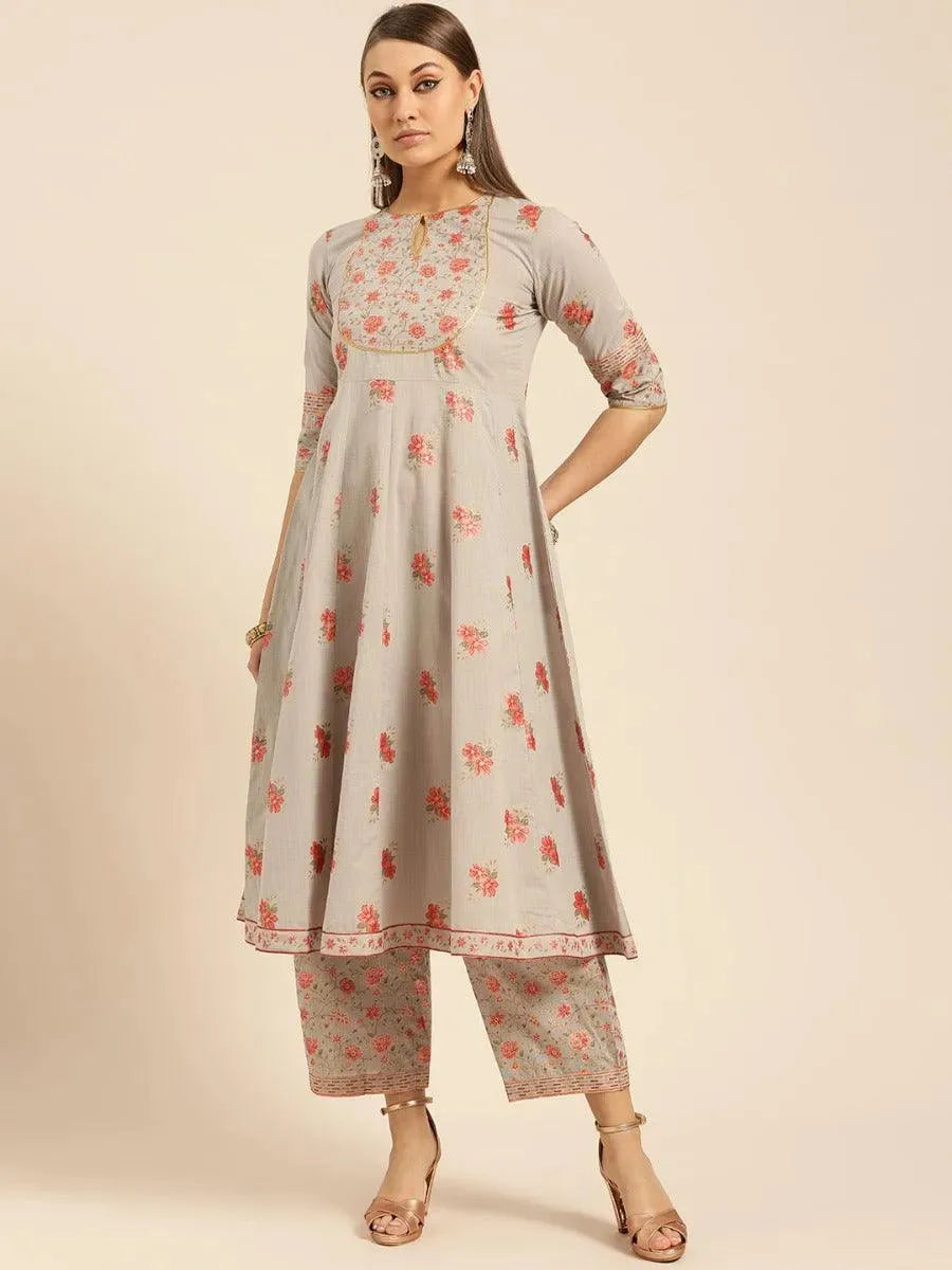 Taupe Printed Cotton Kurta Set - Libas