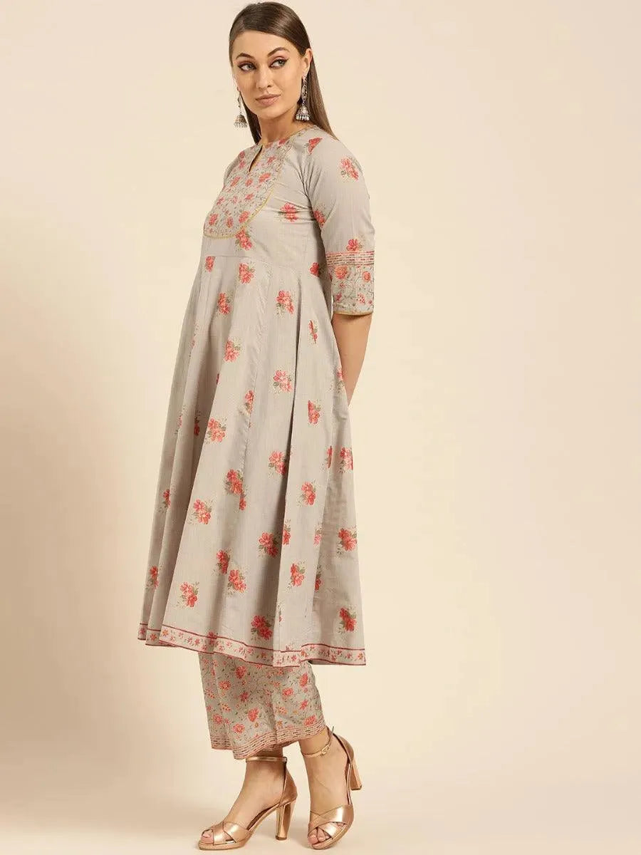 Taupe Printed Cotton Kurta Set - Libas