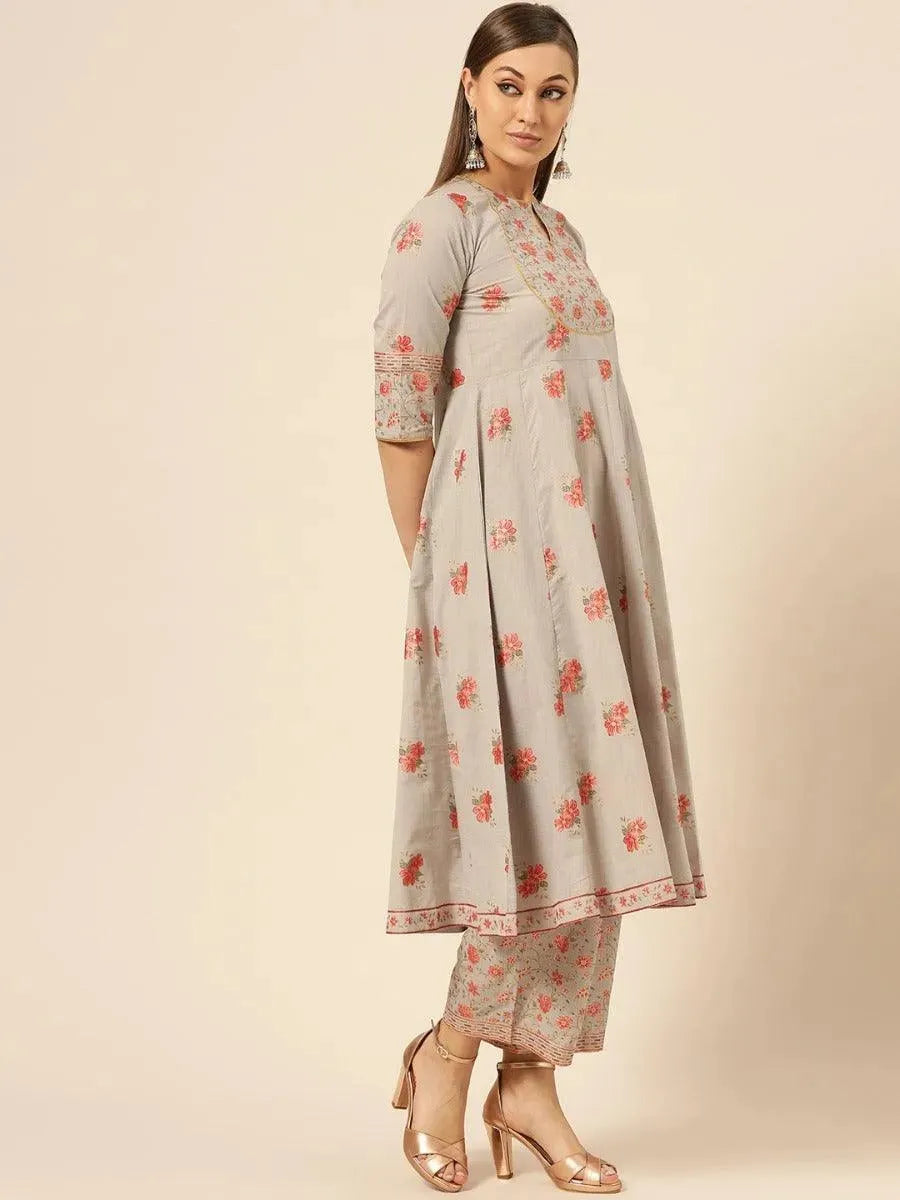 Taupe Printed Cotton Kurta Set - Libas