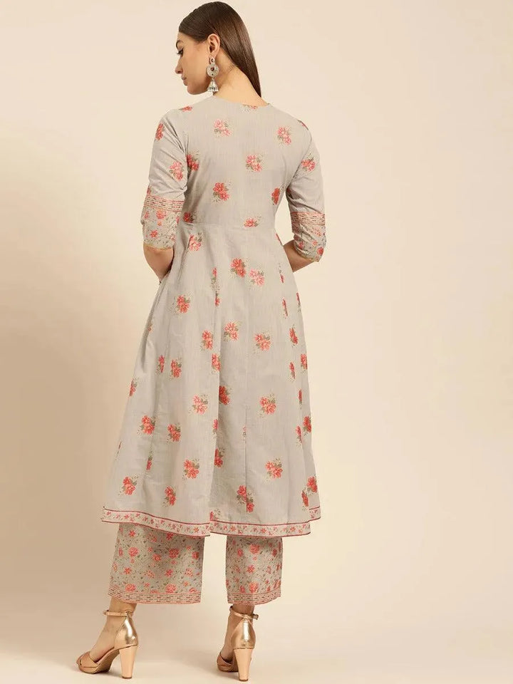 Taupe Printed Cotton Kurta Set - Libas