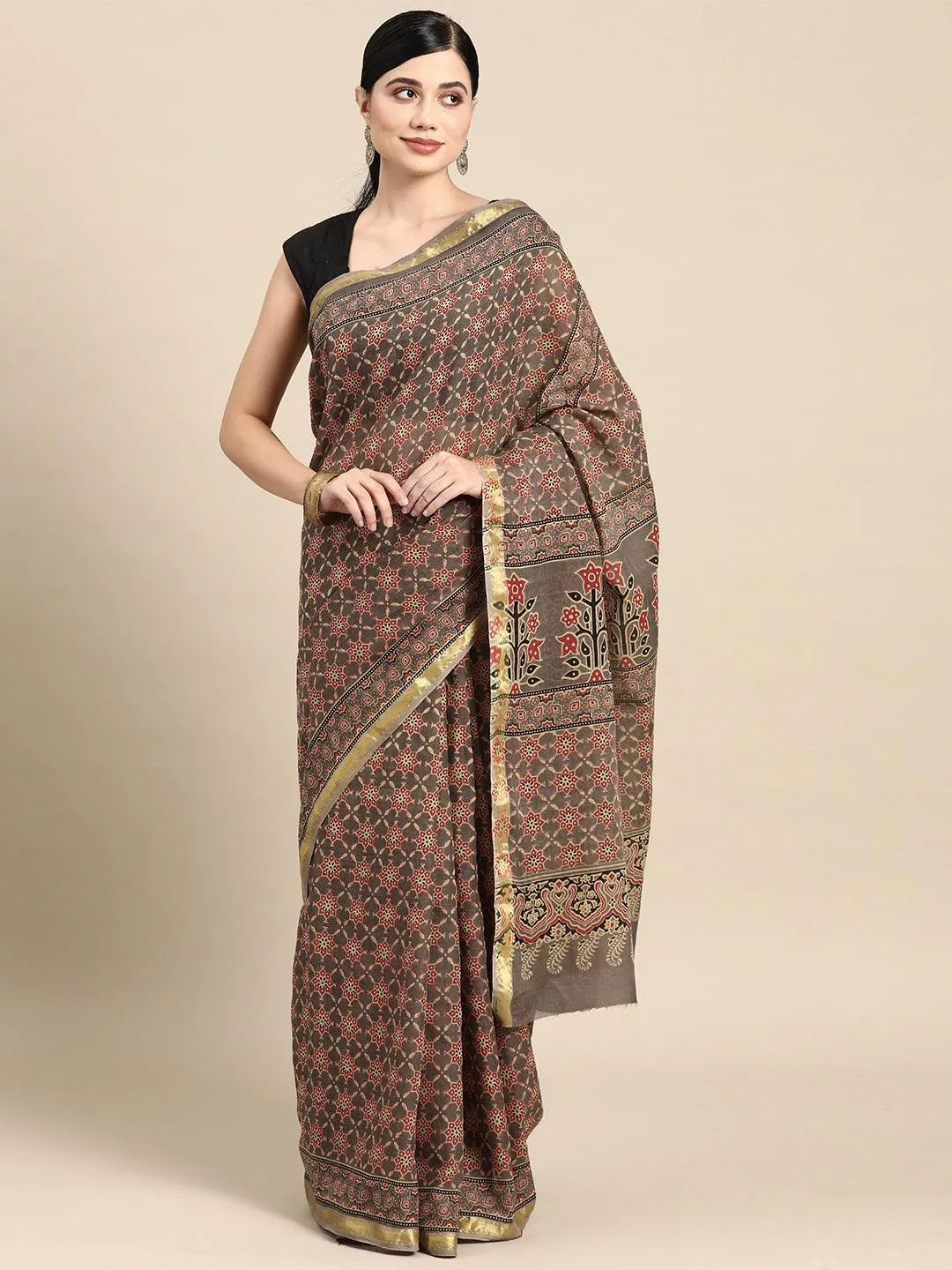 Taupe Printed Cotton Saree - Libas 
