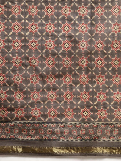 Taupe Printed Cotton Saree - Libas