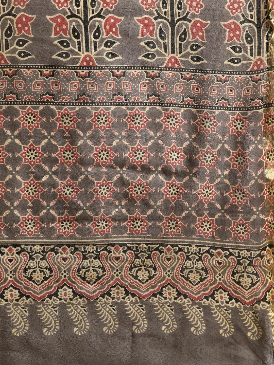 Taupe Printed Cotton Saree - Libas 