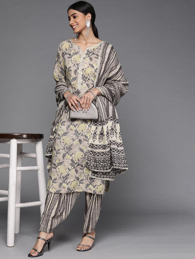 Taupe Printed Cotton Suit Set - Libas