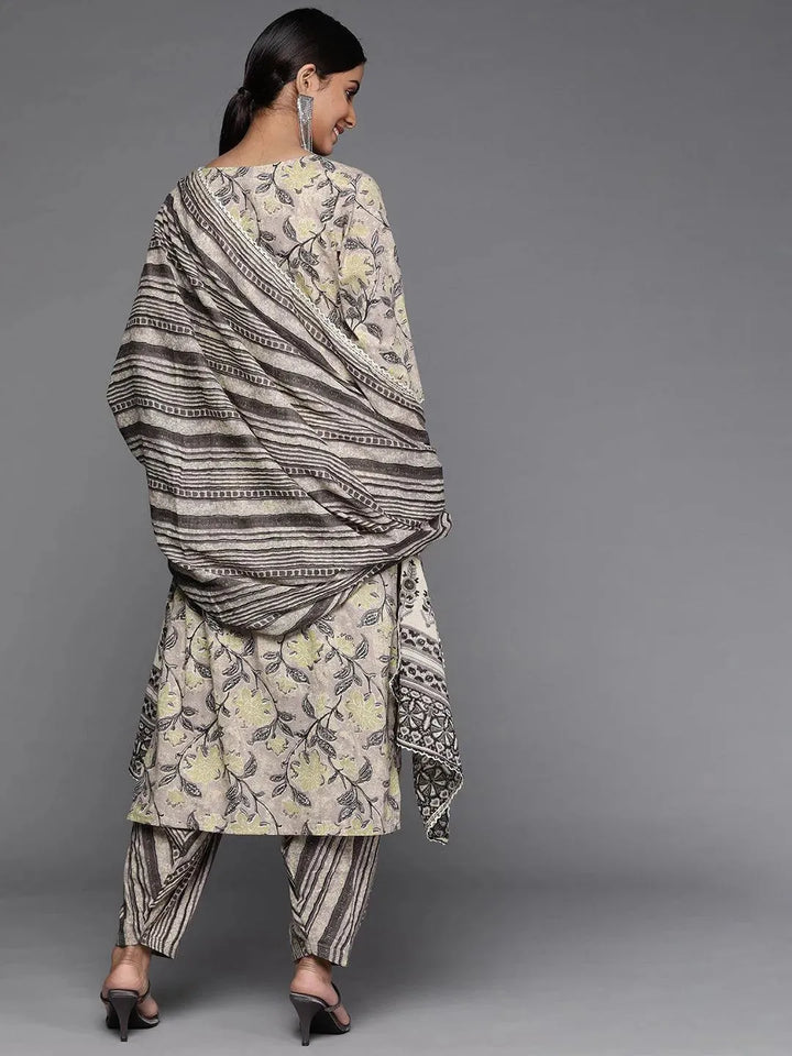 Taupe Printed Cotton Suit Set - Libas
