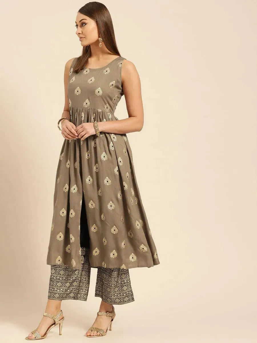 Taupe Printed Rayon Kurta Set - Libas 