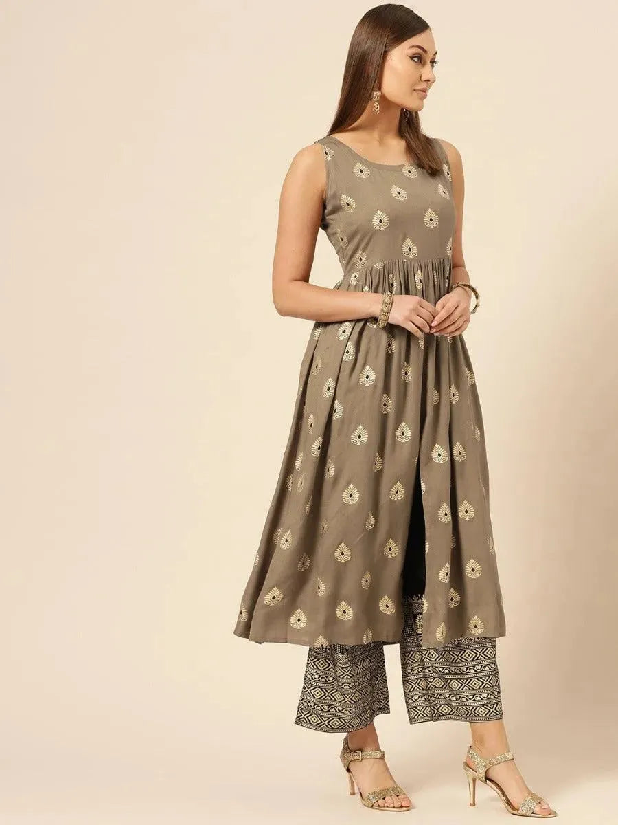 Taupe Printed Rayon Kurta Set - Libas 