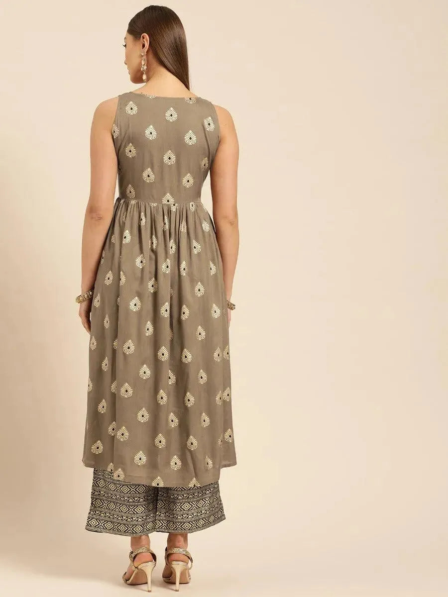 Taupe Printed Rayon Kurta Set - Libas 