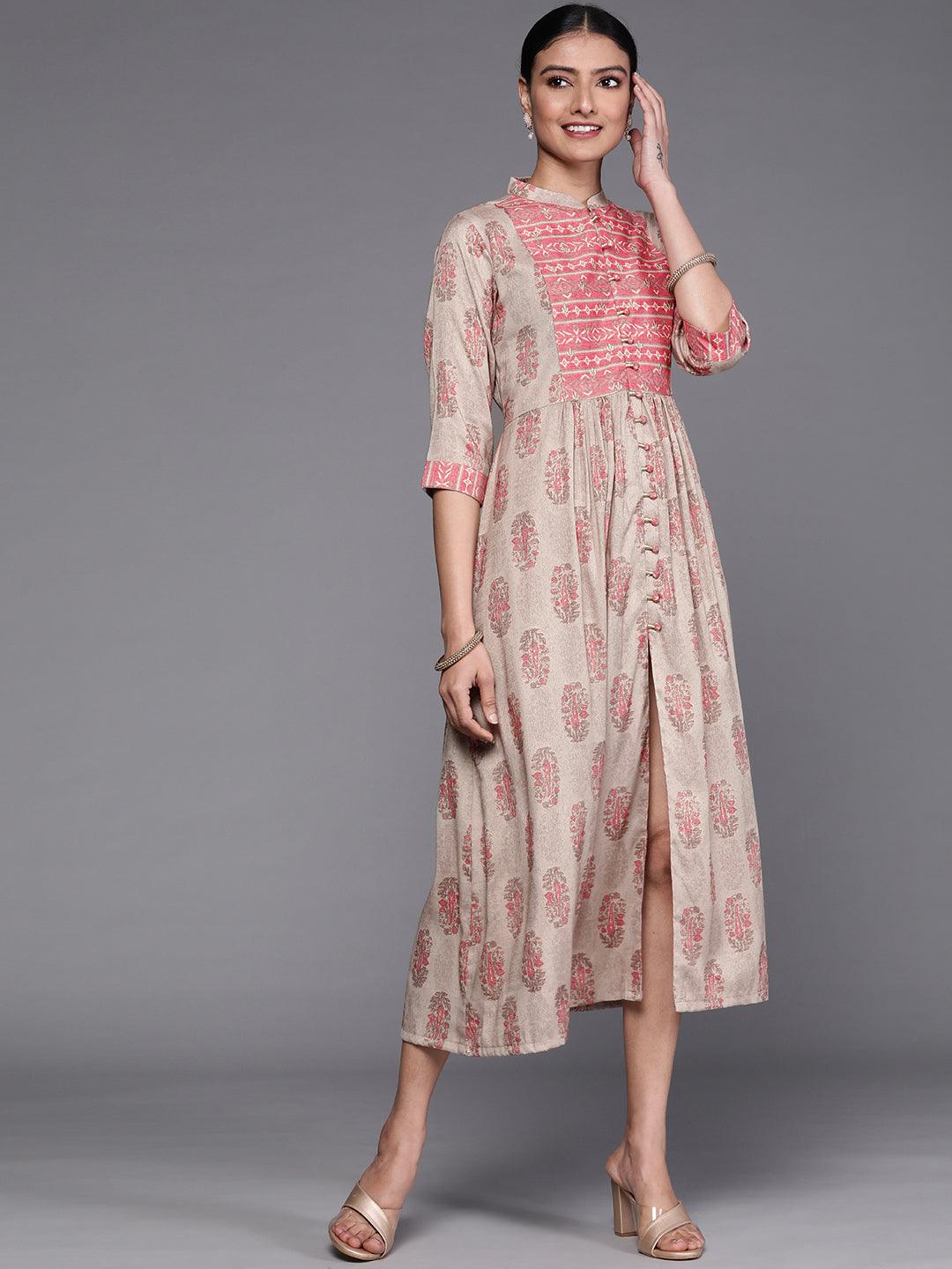 Taupe Printed Rayon Dress - Libas