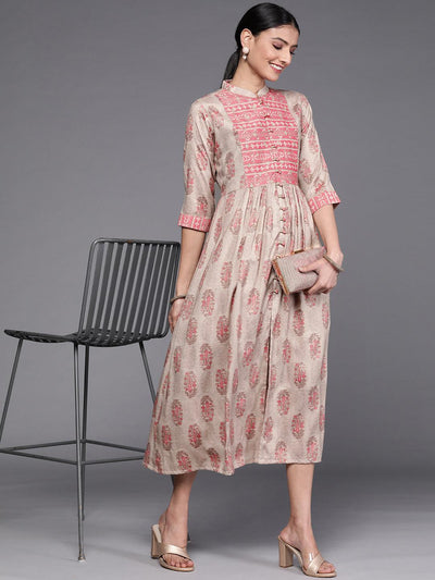 Taupe Printed Rayon Dress - Libas