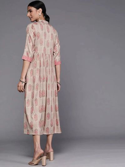 Taupe Printed Rayon Dress - Libas