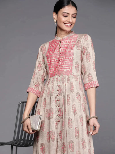 Taupe Printed Rayon Dress - Libas