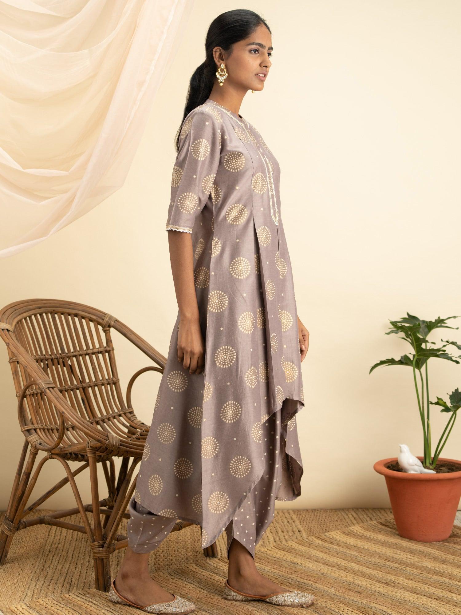 Taupe Printed Silk A-Line Kurta With Dhoti Pant