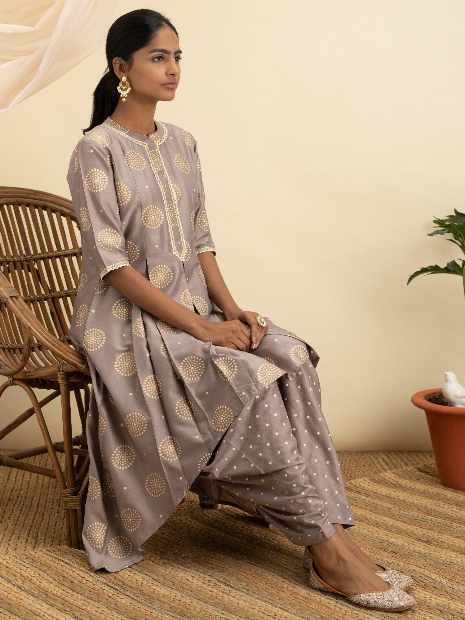 Taupe Printed Silk A-Line Kurta With Dhoti Pant
