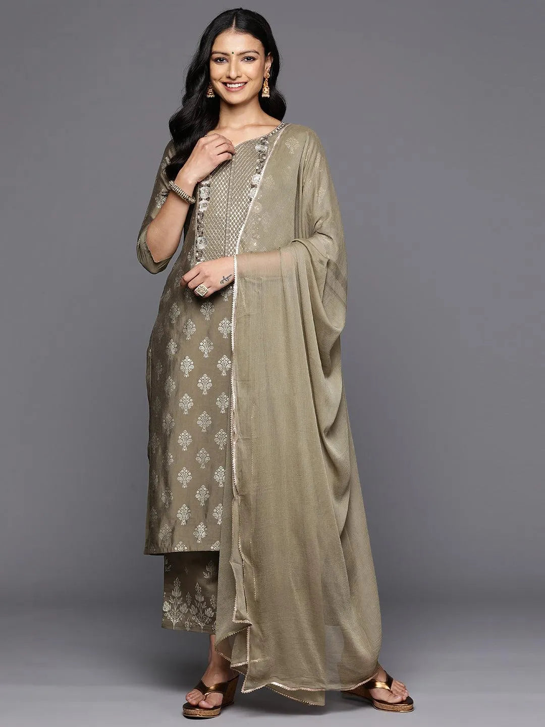 Taupe Printed Silk Blend Straight Kurta With Trousers & Dupatta - Libas 