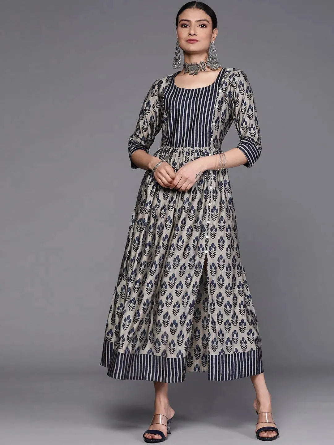 Taupe Printed Silk Dress - Libas 