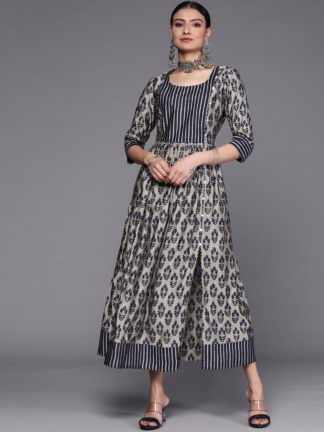 Taupe Printed Silk Dress - Libas