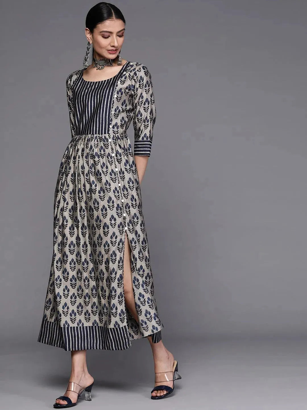 Taupe Printed Silk Dress - Libas 