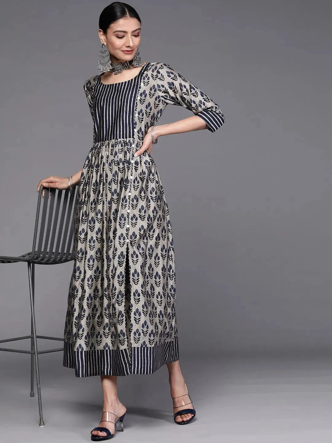Taupe Printed Silk Dress - Libas 