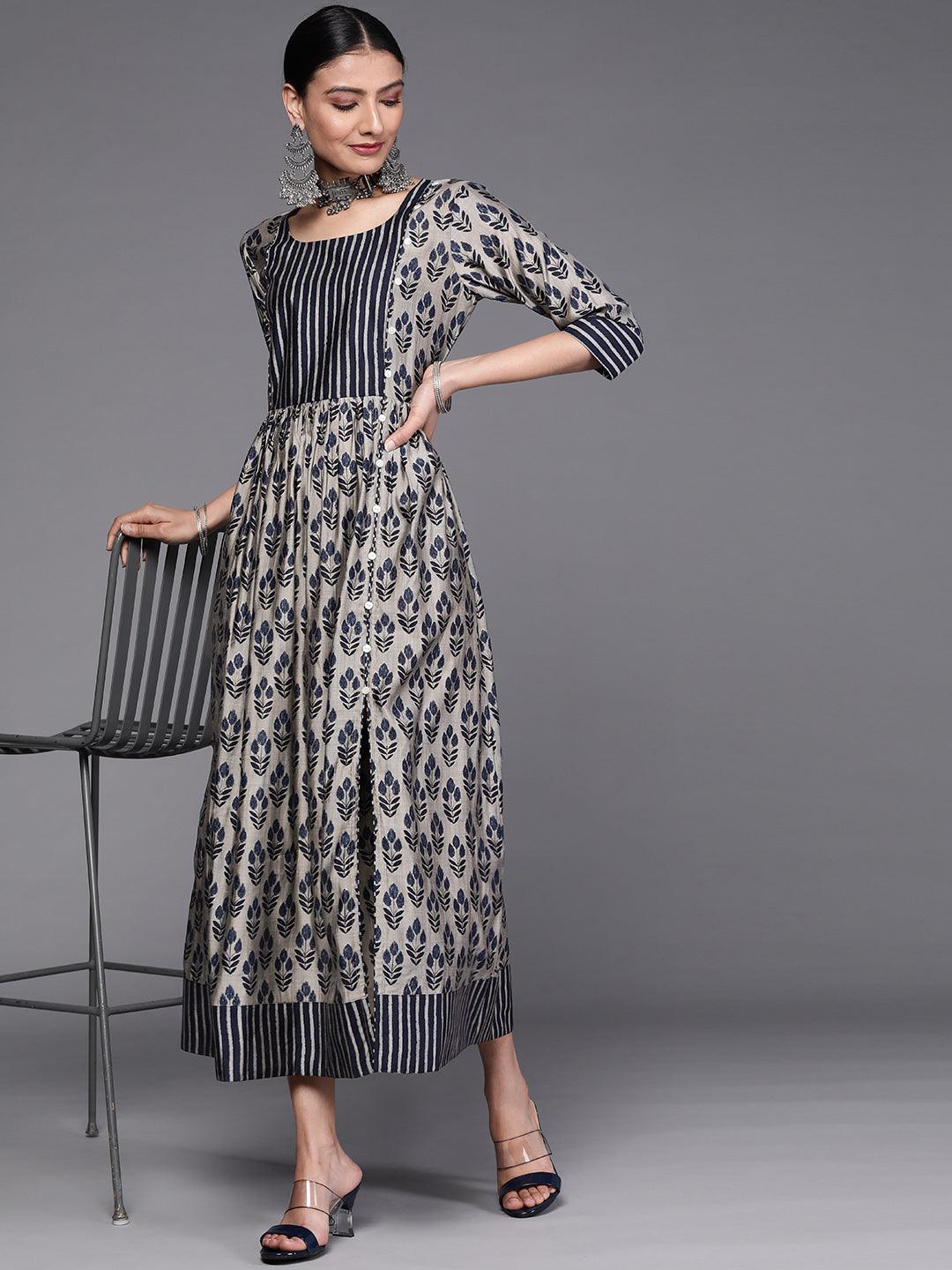 Taupe Printed Silk Dress - Libas