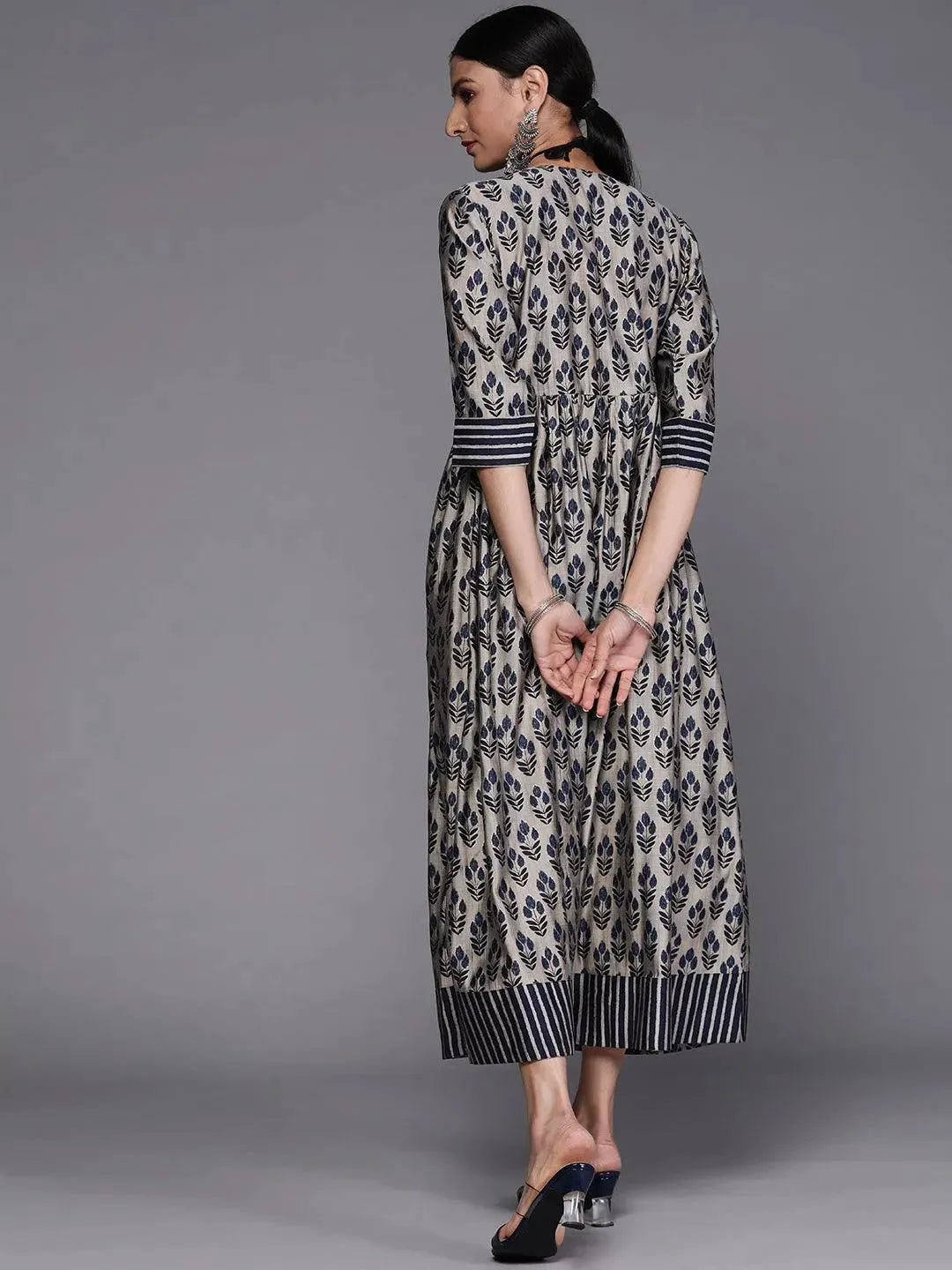 Taupe Printed Silk Dress - Libas