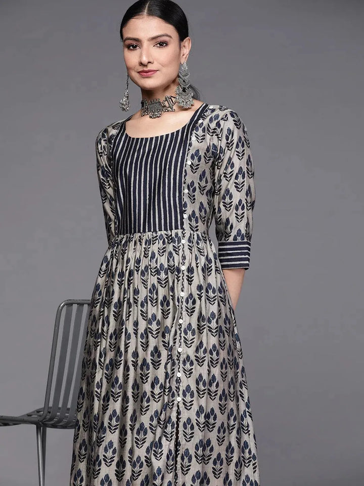 Taupe Printed Silk Dress - Libas