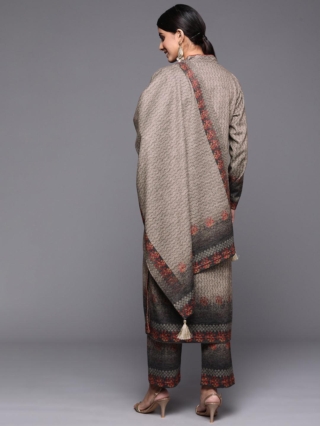 Taupe Printed Wool Straight Suit Set - Libas