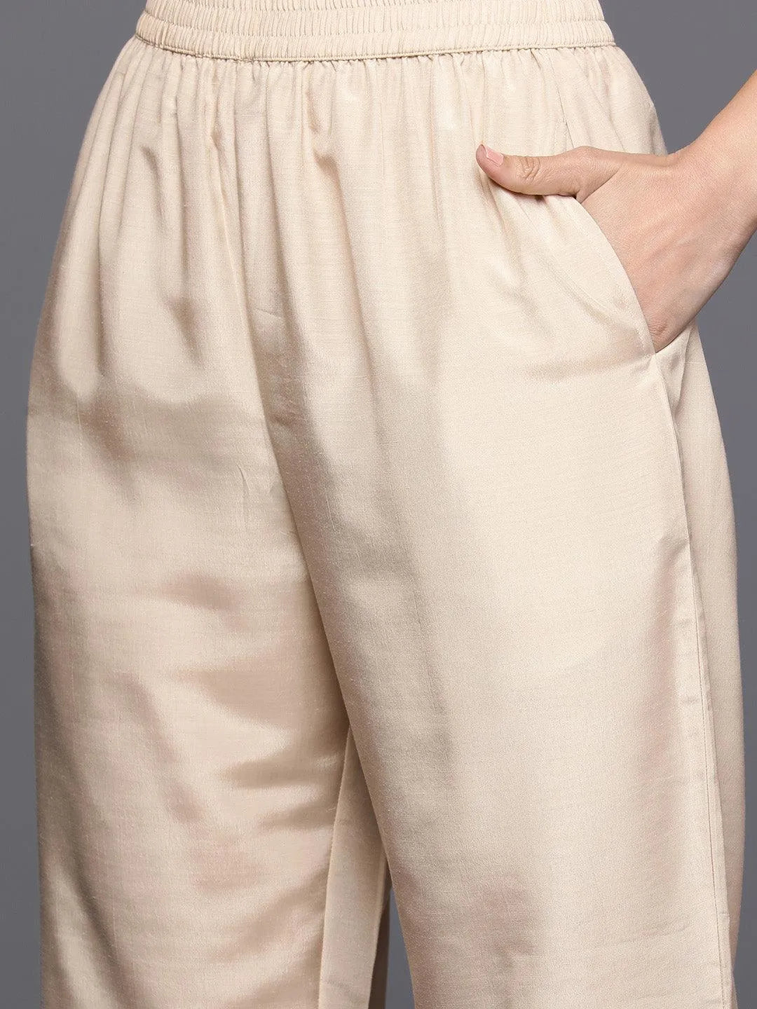 Taupe Self Design Rayon Straight Kurta With Trousers & Dupatta - Libas 