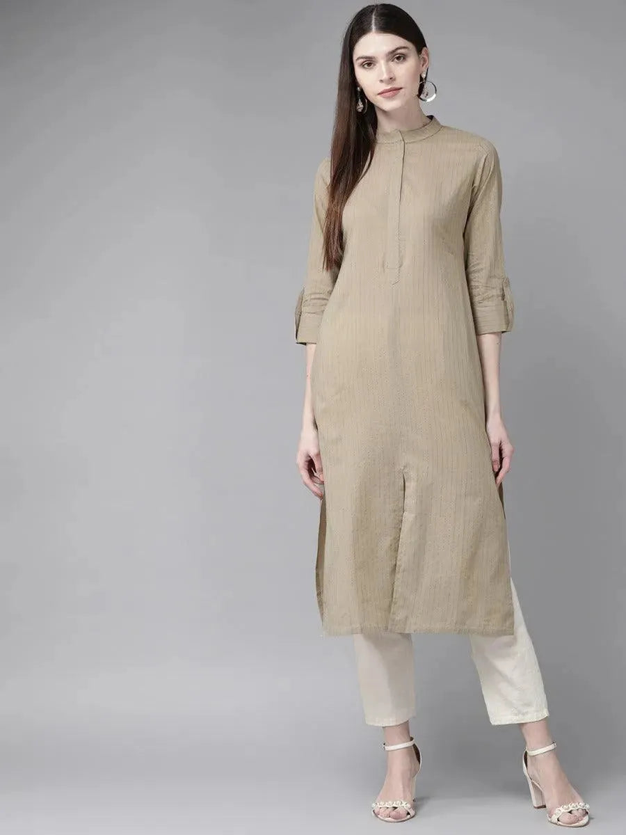 Taupe Striped Cotton Kurta - Libas