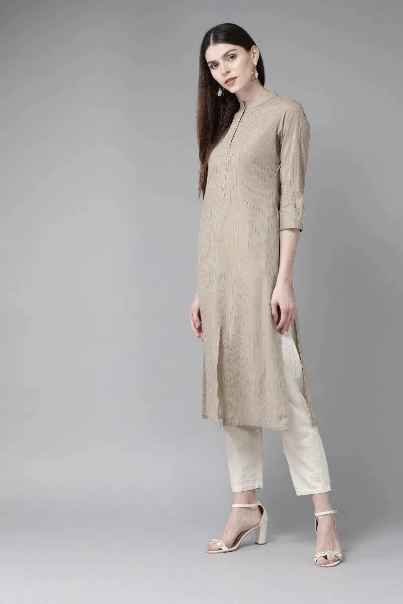 Taupe Striped Cotton Kurta - Libas