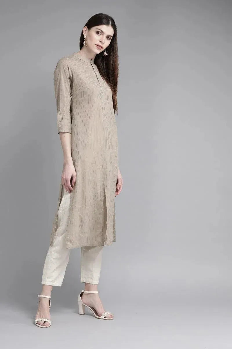 Taupe Striped Cotton Kurta - Libas