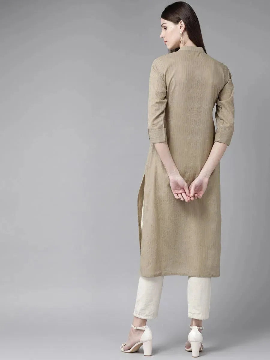 Taupe Striped Cotton Kurta - Libas