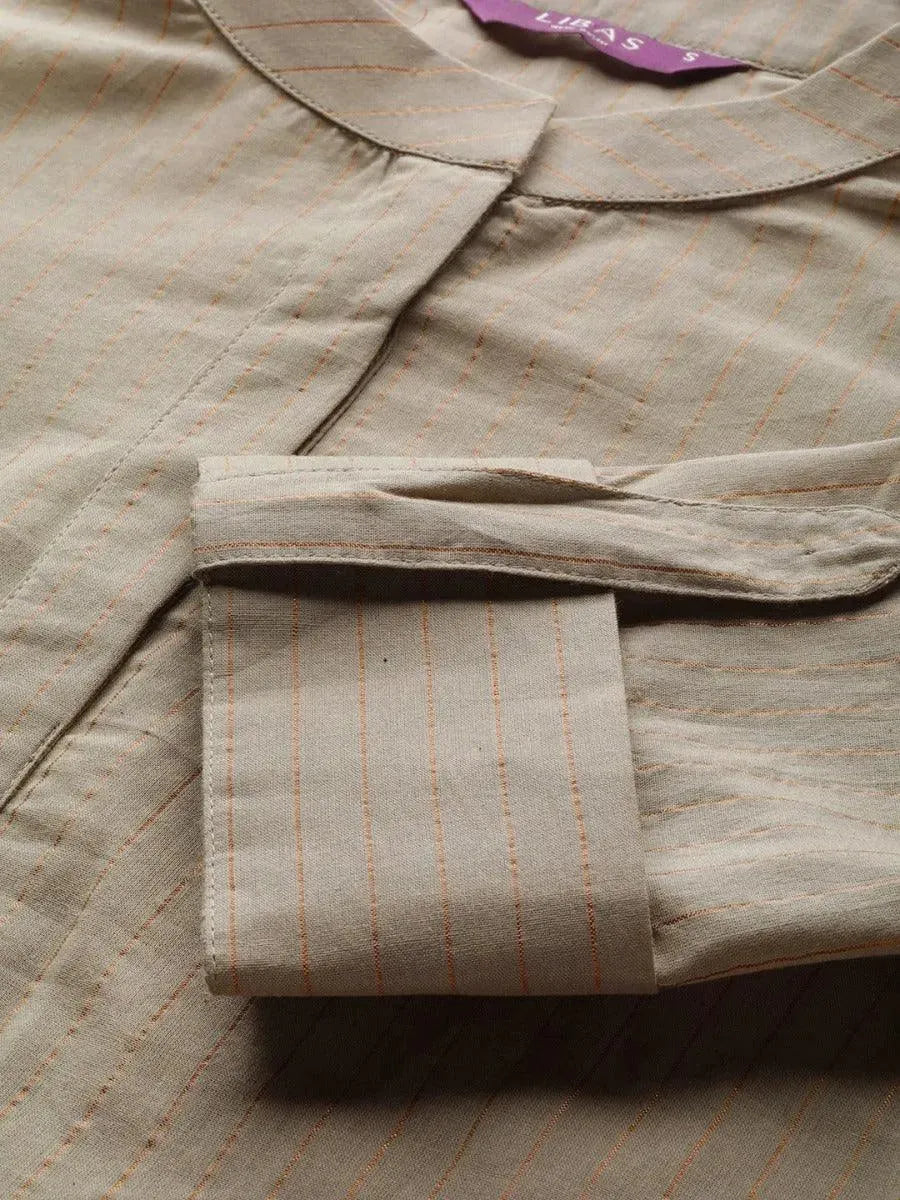 Taupe Striped Cotton Kurta - Libas 