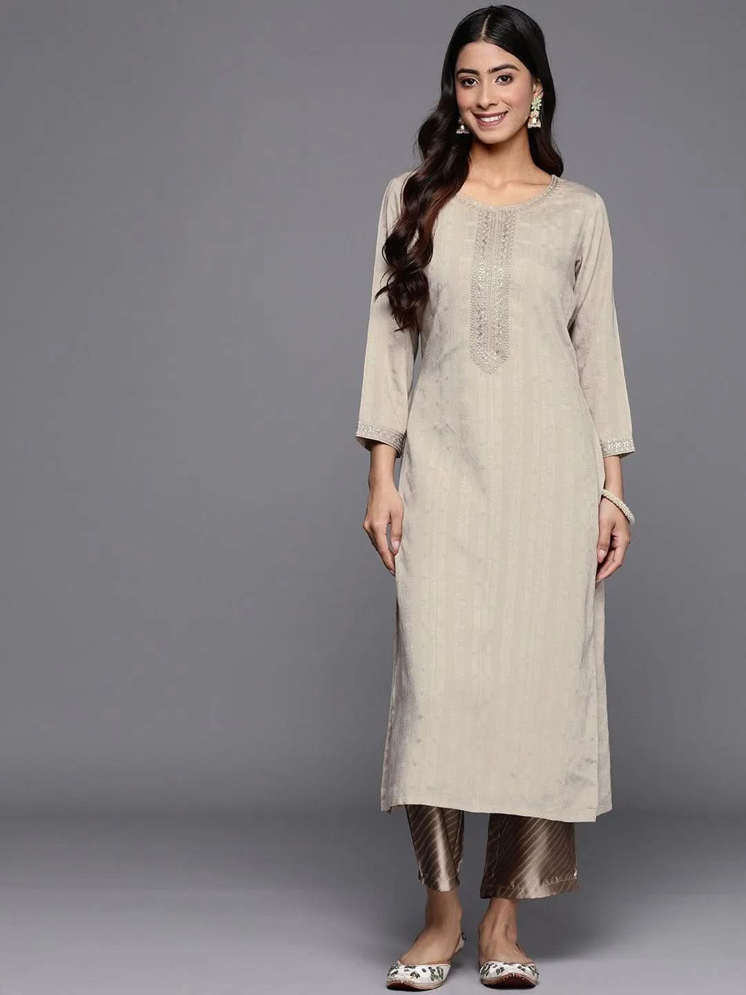 Taupe Woven Design Rayon Straight Kurta-image-20