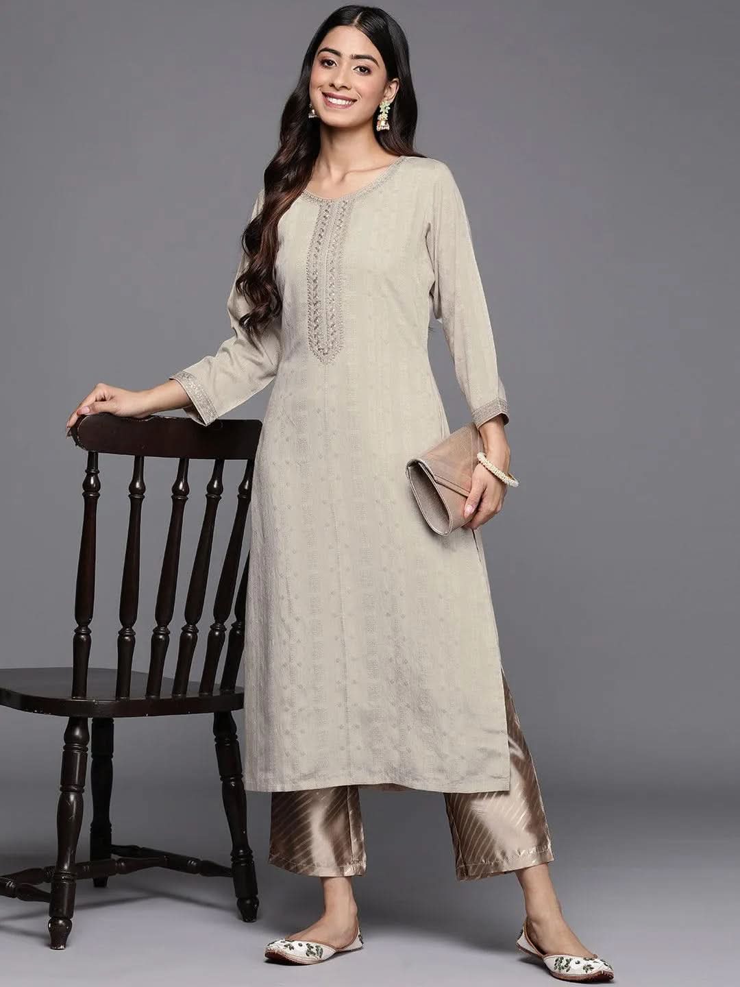 

Taupe Woven Design Rayon Straight Kurta