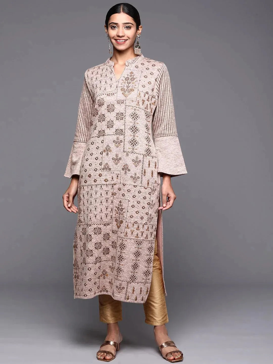 Taupe Woven Design Wool Straight Kurta - Libas 