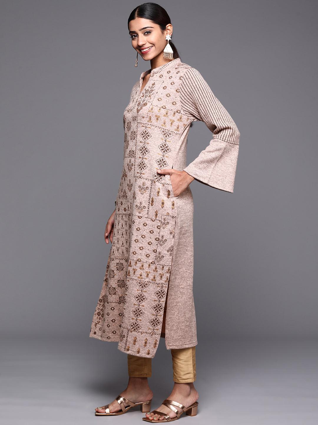 Taupe Woven Design Wool Straight Kurta - Libas