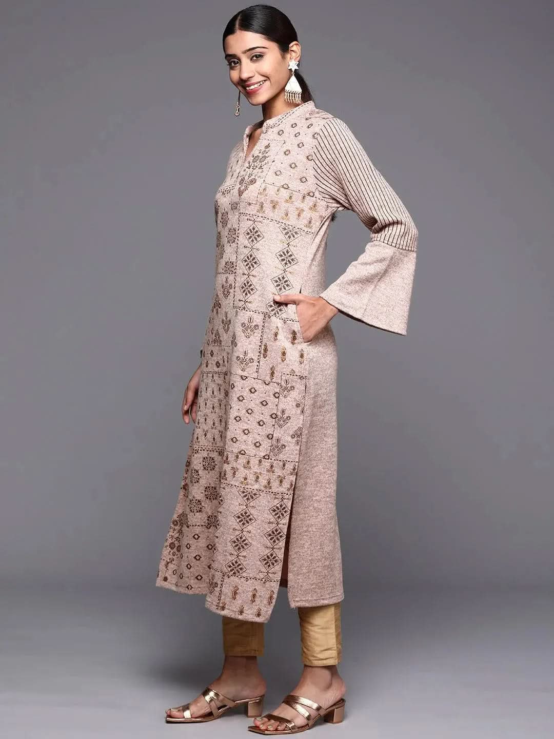 

Taupe Woven Design Wool Straight Kurta