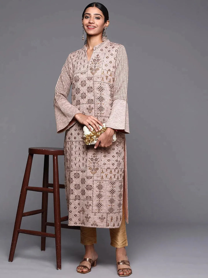 Taupe Woven Design Wool Straight Kurta - Libas