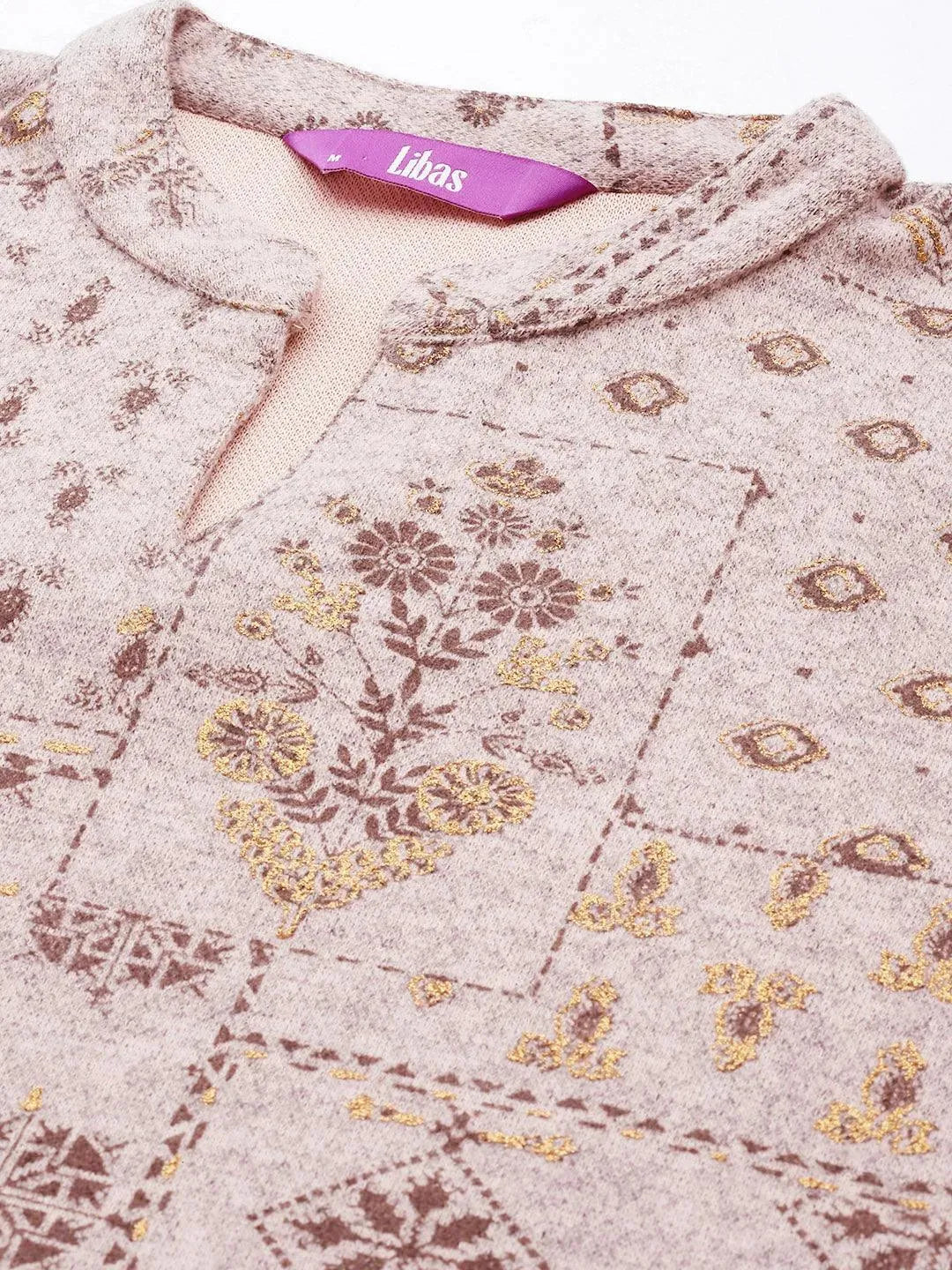 Taupe Woven Design Wool Straight Kurta - Libas 