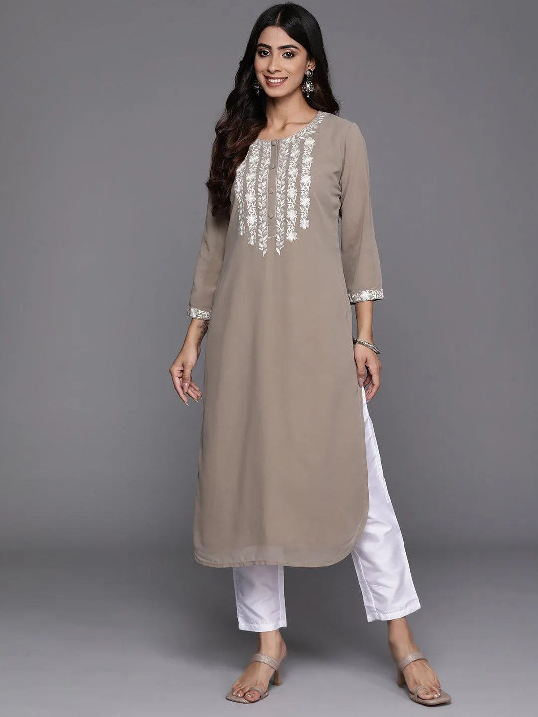 Taupe Yoke Design Georgette Pathani Kurta - Libas 