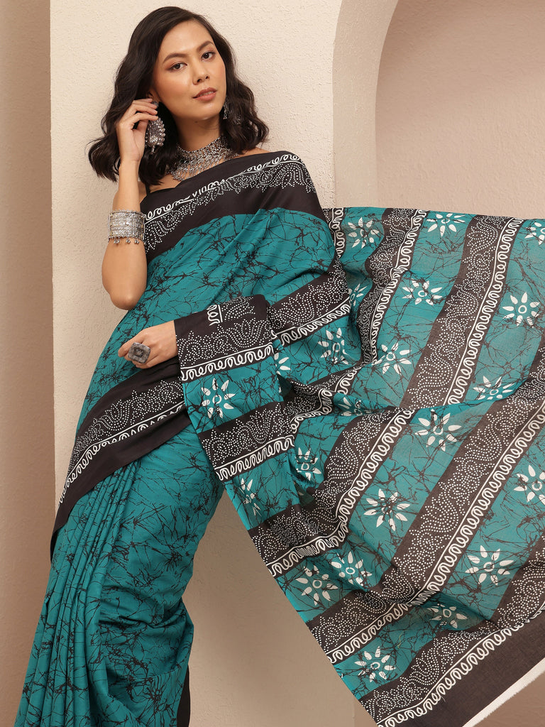Libas Teal Abstract Printed Cotton Saree With Unstitched Blouse Piece