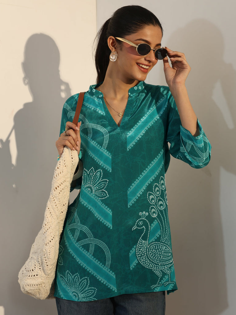 Libas Teal Bandhani Printed Crepe Straight Short Kurti