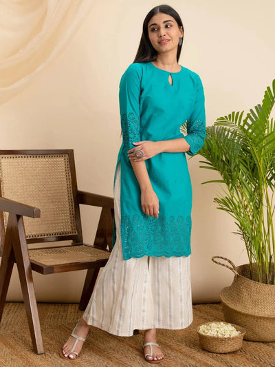 Teal Blue Embroidered Cotton Kurta - Libas