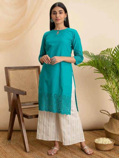 Teal Blue Embroidered Cotton Kurta - Libas