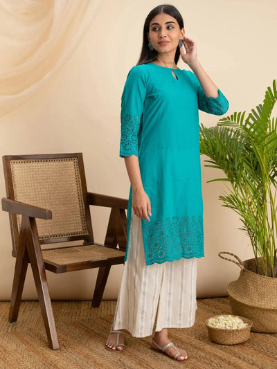 Teal Blue Embroidered Cotton Kurta - Libas