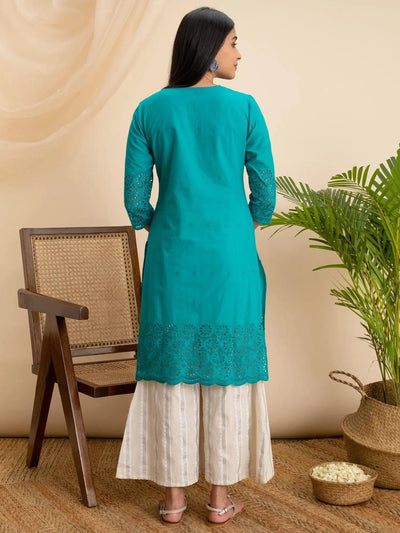 Teal Blue Embroidered Cotton Kurta - Libas