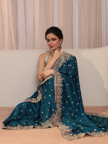 Teal Blue Embroidered Silk Blend Saree