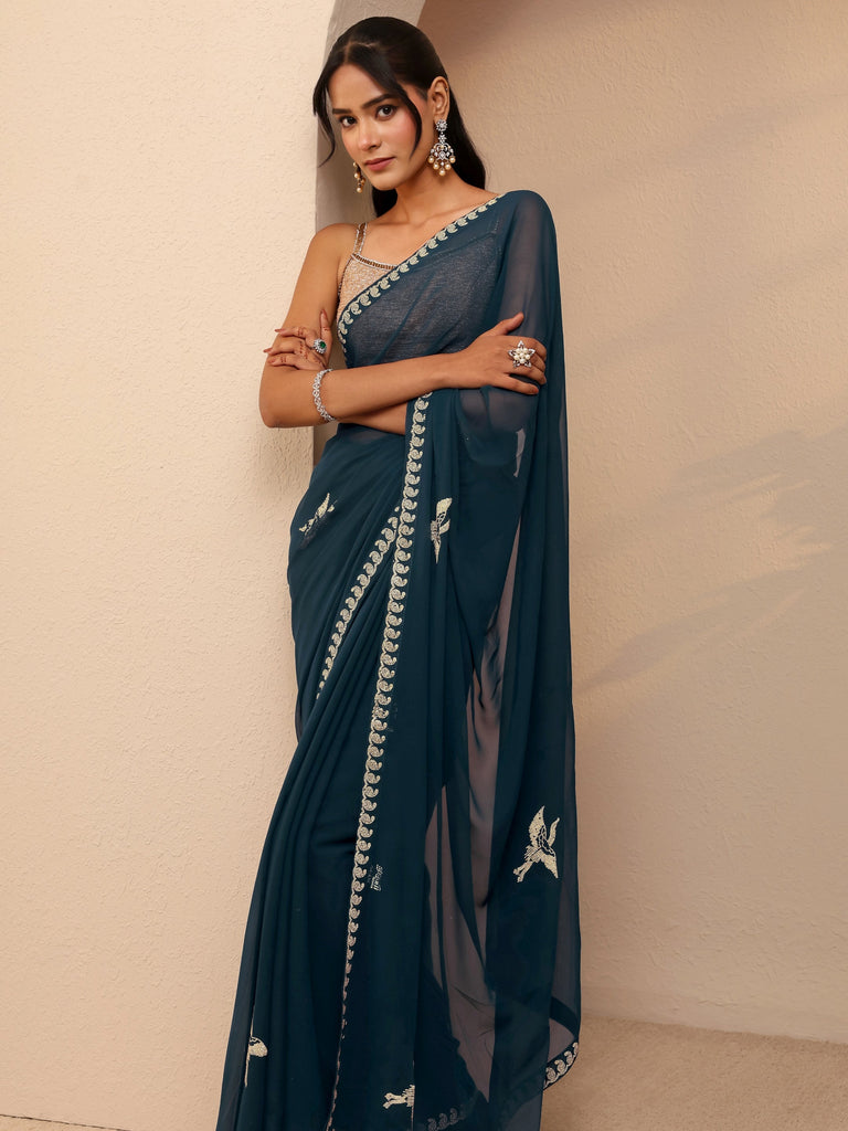 Libas Teal Blue Georgette Saree