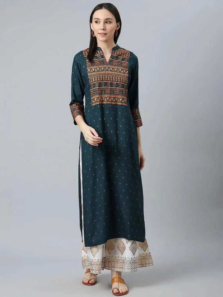 Libas Teal Blue Printed Rayon Kurta